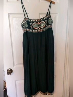 Women's Earthbound Traders Boho Sleeveless Green Embroider Mirror Dress Small